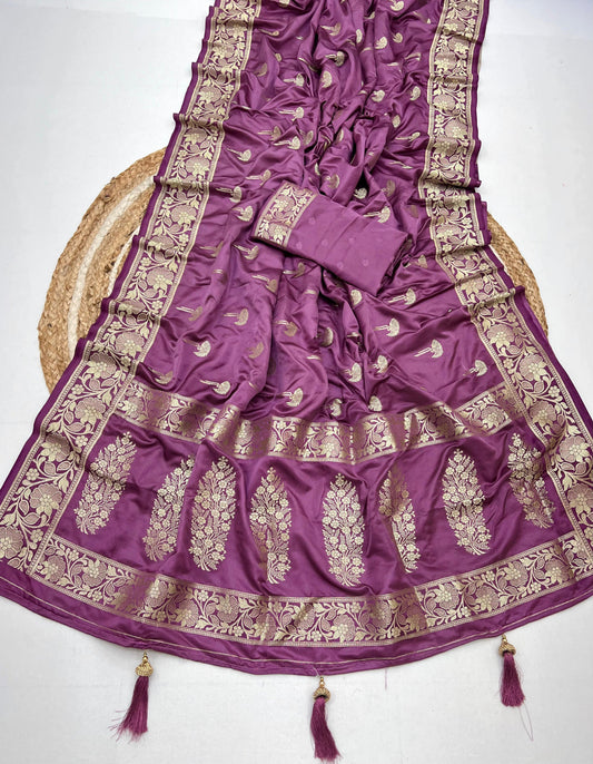 Dusty Pink Color Soft Viscose Satin Silk Saree With Zari Weaving Work