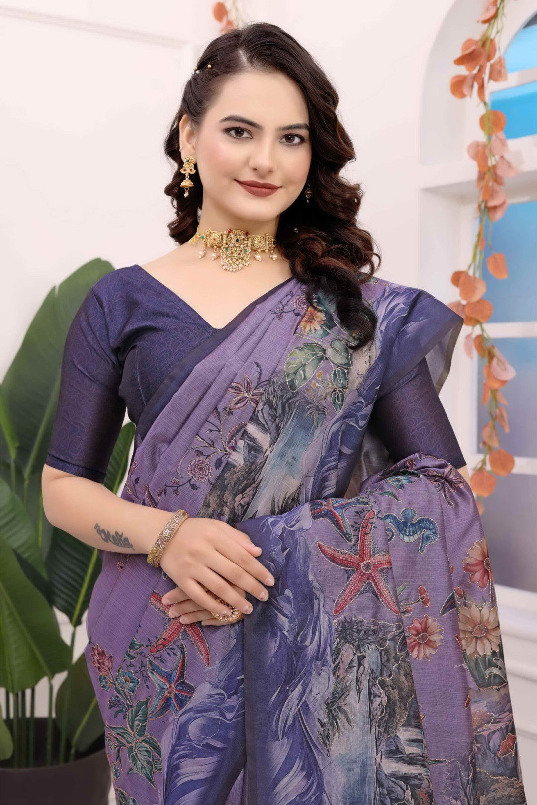 Lavender Kalamkari Printed Premium Tussar Silk Saree