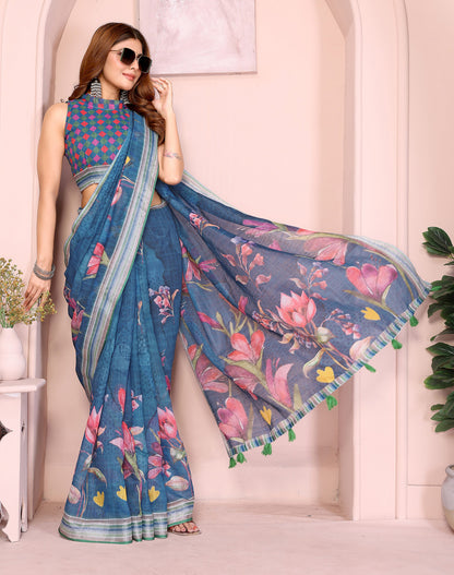 Blue Linen Cotton Saree With Digital Printed Work And Silver Zari Border