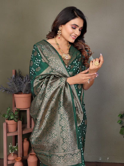 Green Premium Bandhej Silk Saree With Zari Weaving Work