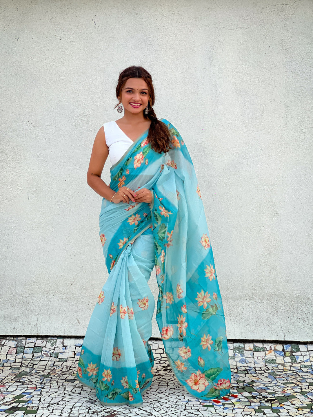 Sky Blue Pichwai Printed Chanderi Cotton Saree