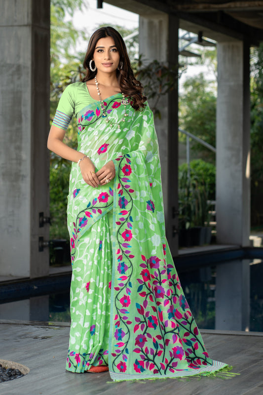 Parrot Green Color Soft Jamdani Cotton Saree With Woven Design