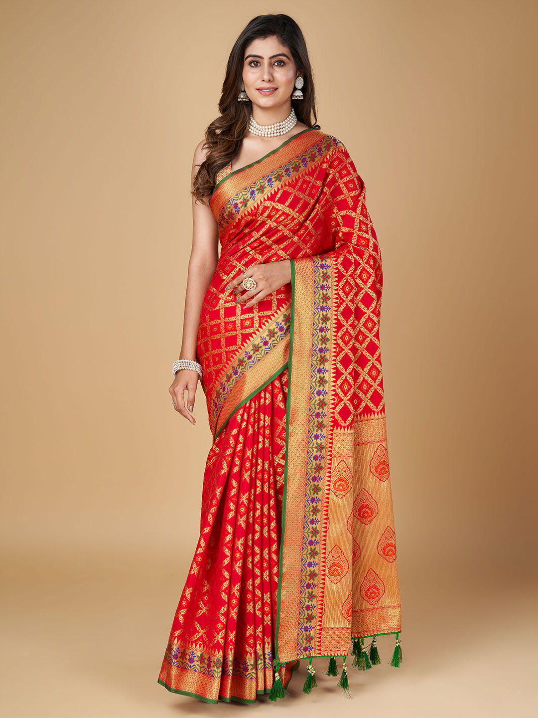 Red Color Patola Silk Saree With Zari Weaving Work