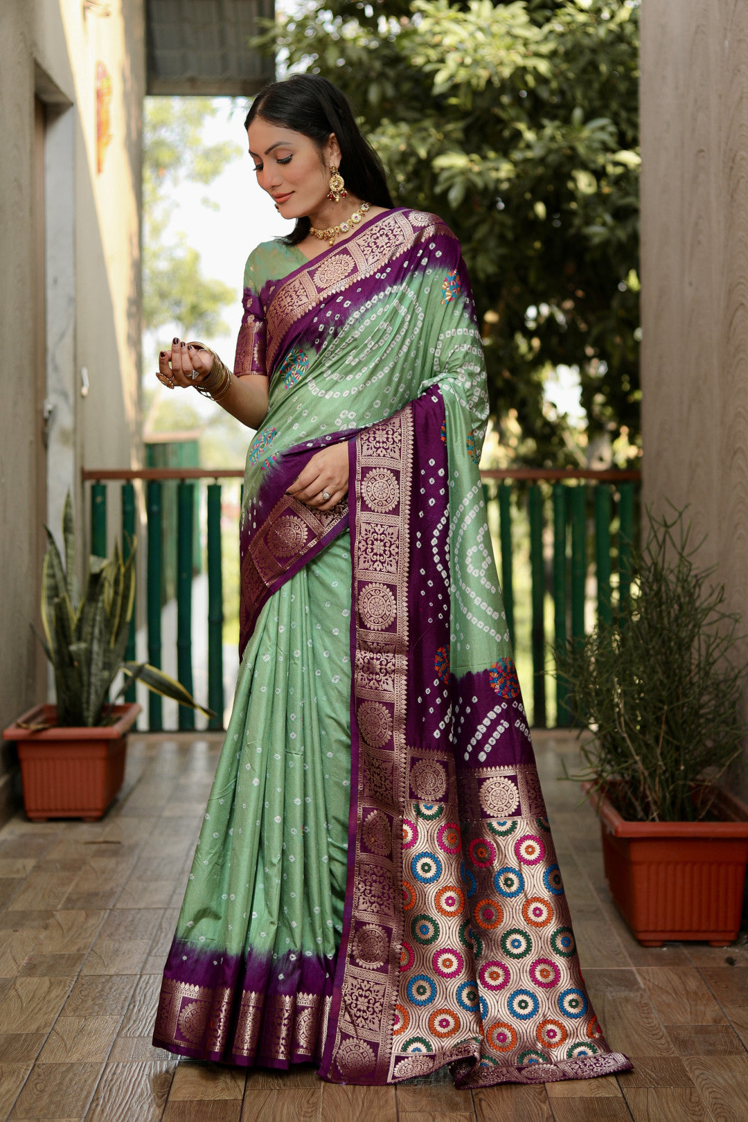 Multi Color Soft Bandhej Silk Saree With Zari Weaving Work
