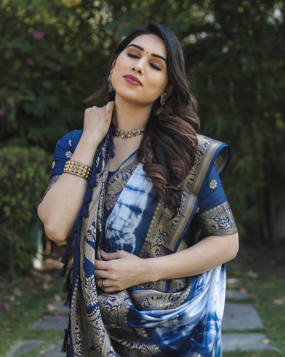 Navy Blue Color Dola Silk Saree With Shibori Printed Work