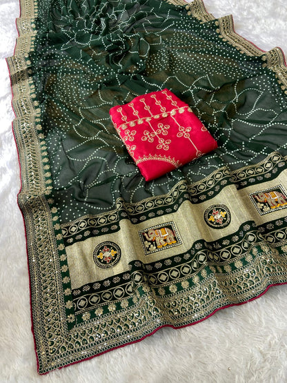 Green Vichitra Silk Saree With Khadi Bandhej Heavy Pallu With Hotpcs C Pallu Work