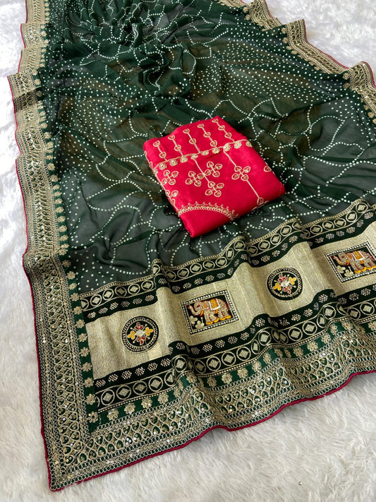 Green Vichitra Silk Saree With Khadi Bandhej Heavy Pallu With Hotpcs C Pallu Work