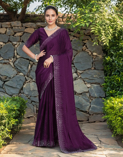 Fancy Wine Rangoli Silk Saree With Diamond Work