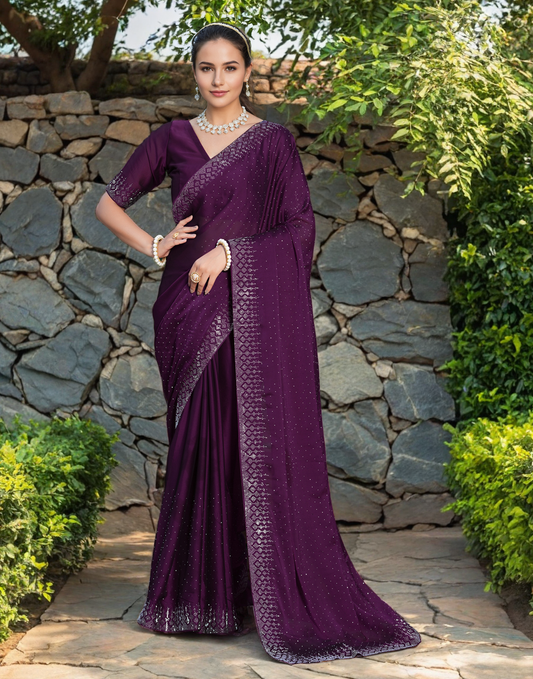 Fancy Wine Rangoli Silk Saree With Diamond Work