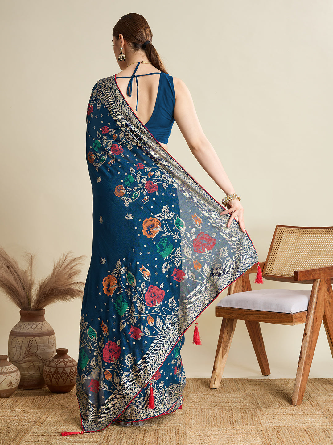 Navy Blue Cotton Saree With Table Printed And Foil Work With Pipeing Border