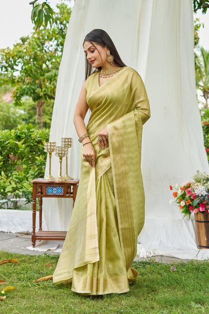 Pista Green Colour Linen Cotton Saree With Zari Weaving Border
