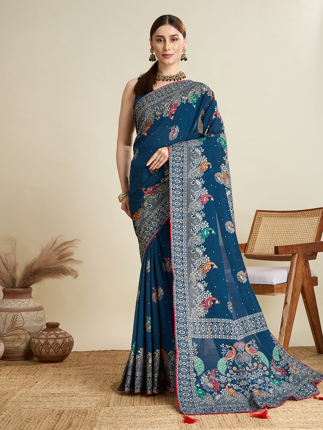 Navy Blue Cotton Saree With Table Printed And Foil Work With Pipeing Border