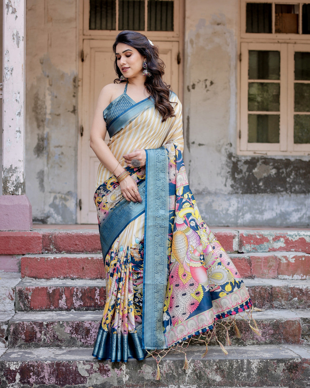 Multi Kalamkari Digital Printed Tussar Silk Saree With Zari Motif Border
