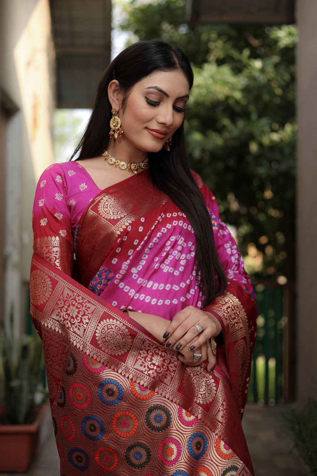 Multi Color Soft Bandhej Silk Saree With Zari Weaving Work