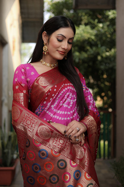 Multi Color Soft Bandhej Silk Saree With Zari Weaving Work