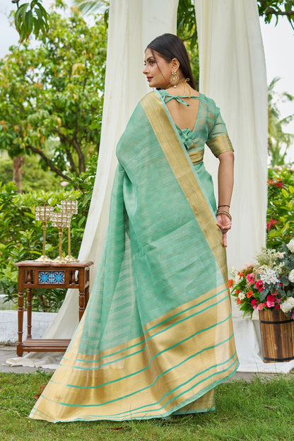 Sea Green Colour Linen Cotton Saree With Zari Weaving Border