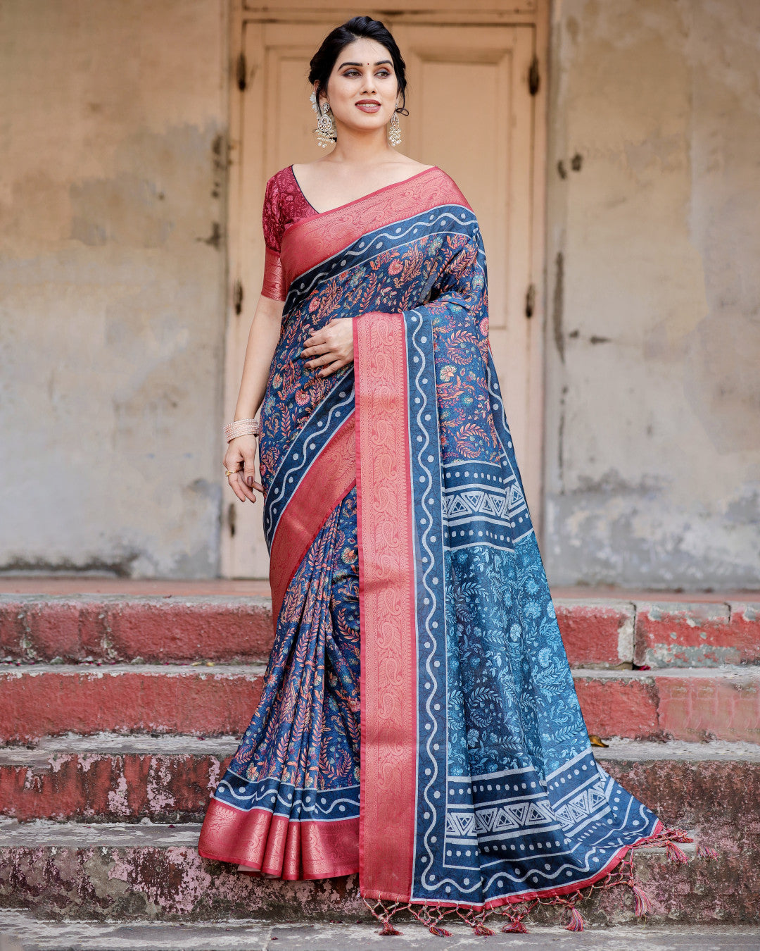 Navy Blue Digital Kalamkari Printed Tussar Silk Saree With Zari Motif Border