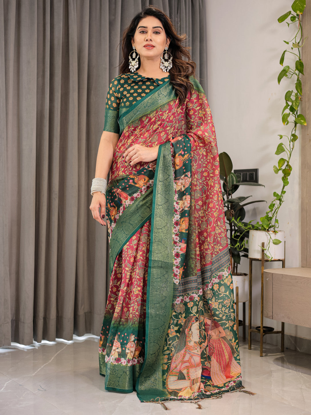 Multi Kalamkari Digital Printed Linen Cotton Saree