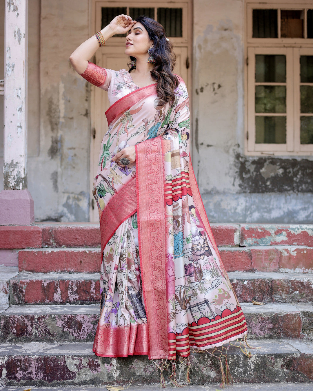 Multi Digital Kalamkari Printed Tussar Silk Saree With Zari Motif Border