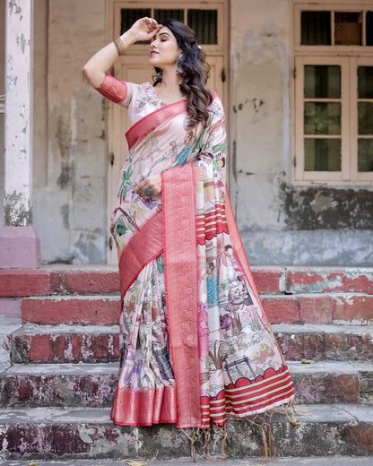 Multi Digital Kalamkari Printed Tussar Silk Saree With Zari Motif Border