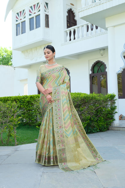 Pista Green Color Soft Organza Silk Saree With Zari Weaving Work