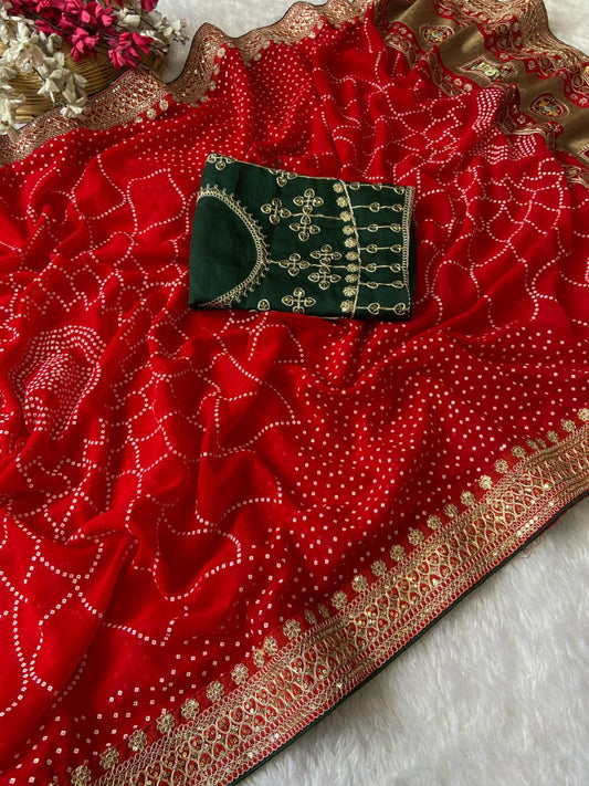 Red Vichitra Silk Saree With Khadi Bandhej Heavy Pallu With Hotpcs C Pallu Work