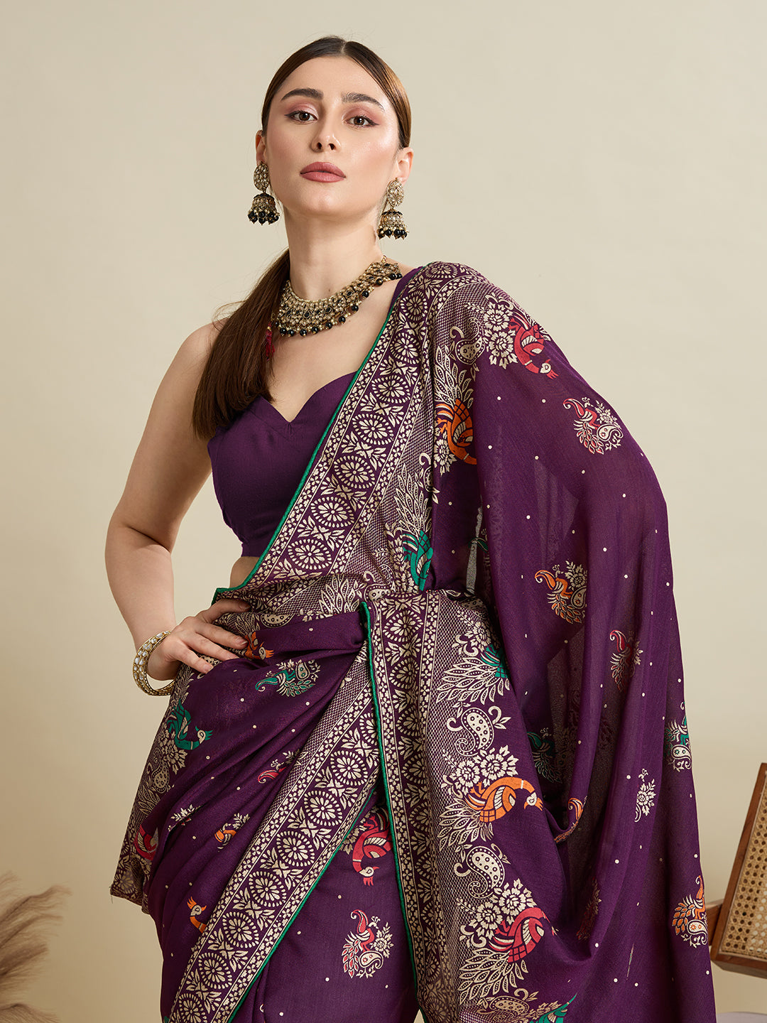 Wine Cotton Saree With Table Printed And Foil Work With Pipeing Border