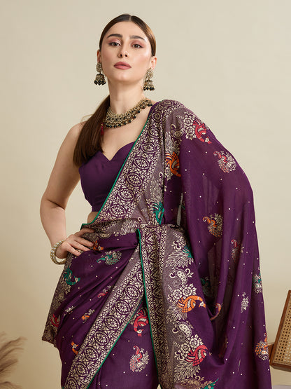 Wine Cotton Saree With Table Printed And Foil Work With Pipeing Border