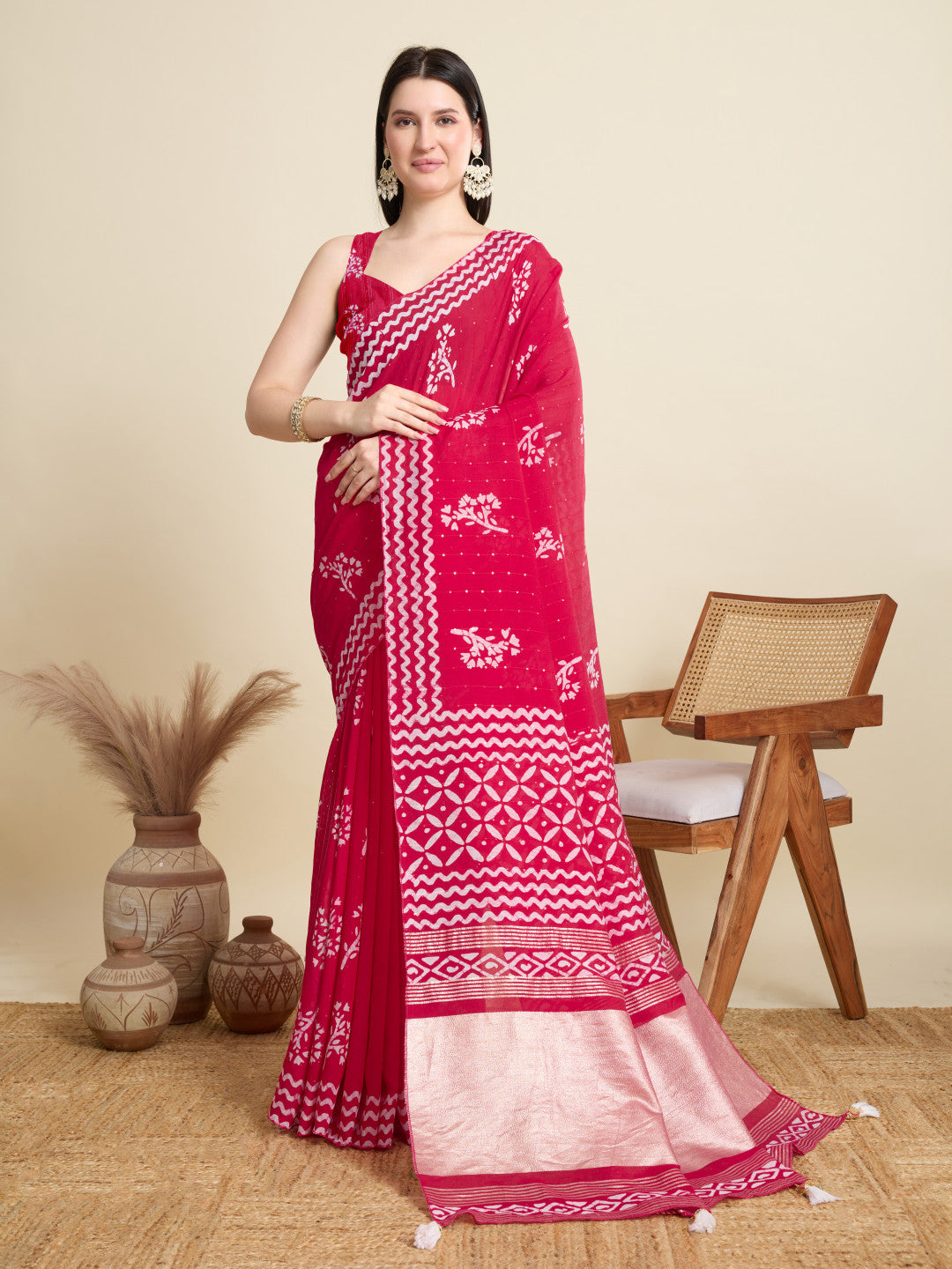 Rani Pink Batik Printed Soft Cotton Saree With Sequence Work