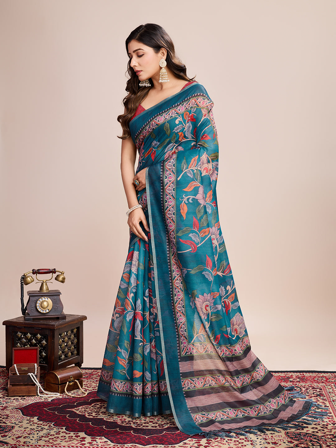 Rama Green Soft Linen Cotton Saree With Kalamkari Digital Printed Work