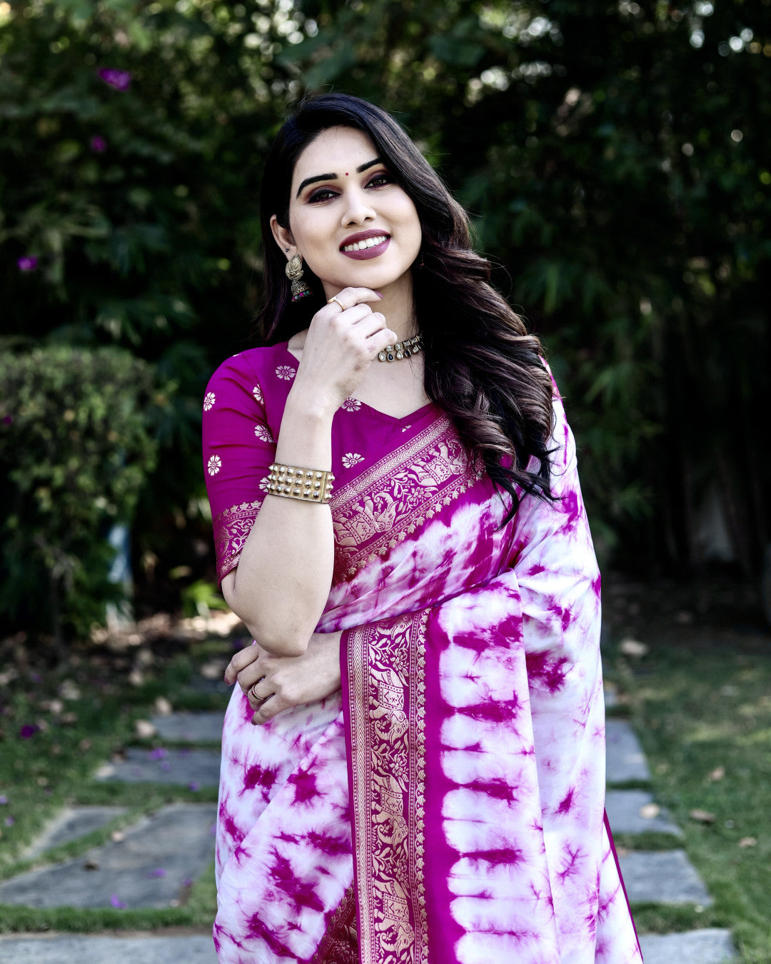 Magenta Color Dola Silk Saree With Shibori Printed Work