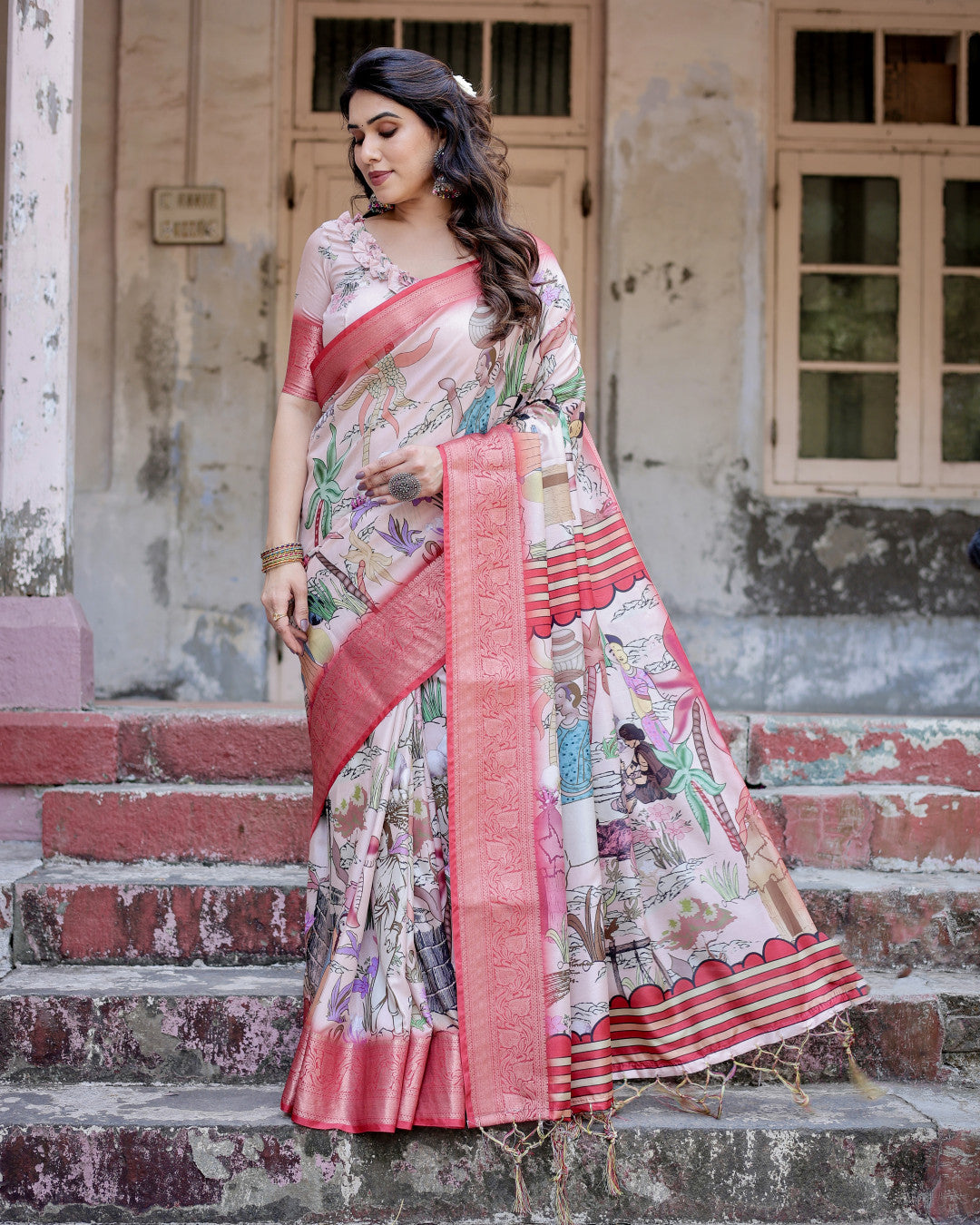 Multi Digital Kalamkari Printed Tussar Silk Saree With Zari Motif Border