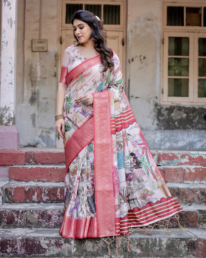 Multi Digital Kalamkari Printed Tussar Silk Saree With Zari Motif Border