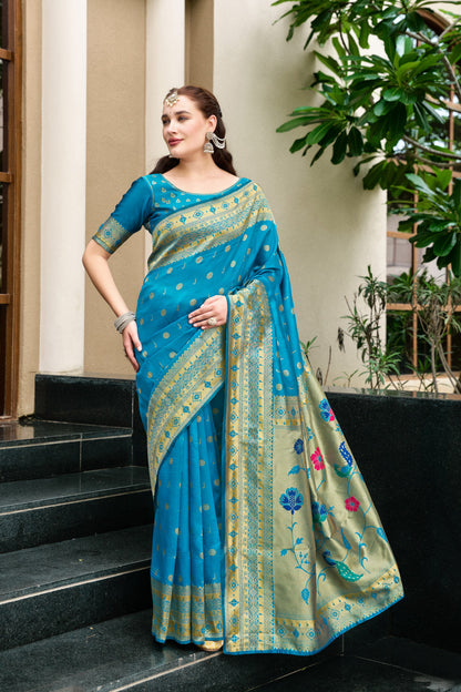 Traditional Firoji Paithani Silk Saree With Zari Weaving Work