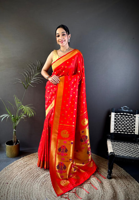 Red Traditional Paithani Silk Saree With Zari Weaving Work