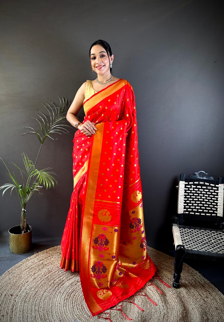 Red Traditional Paithani Silk Saree With Zari Weaving Work