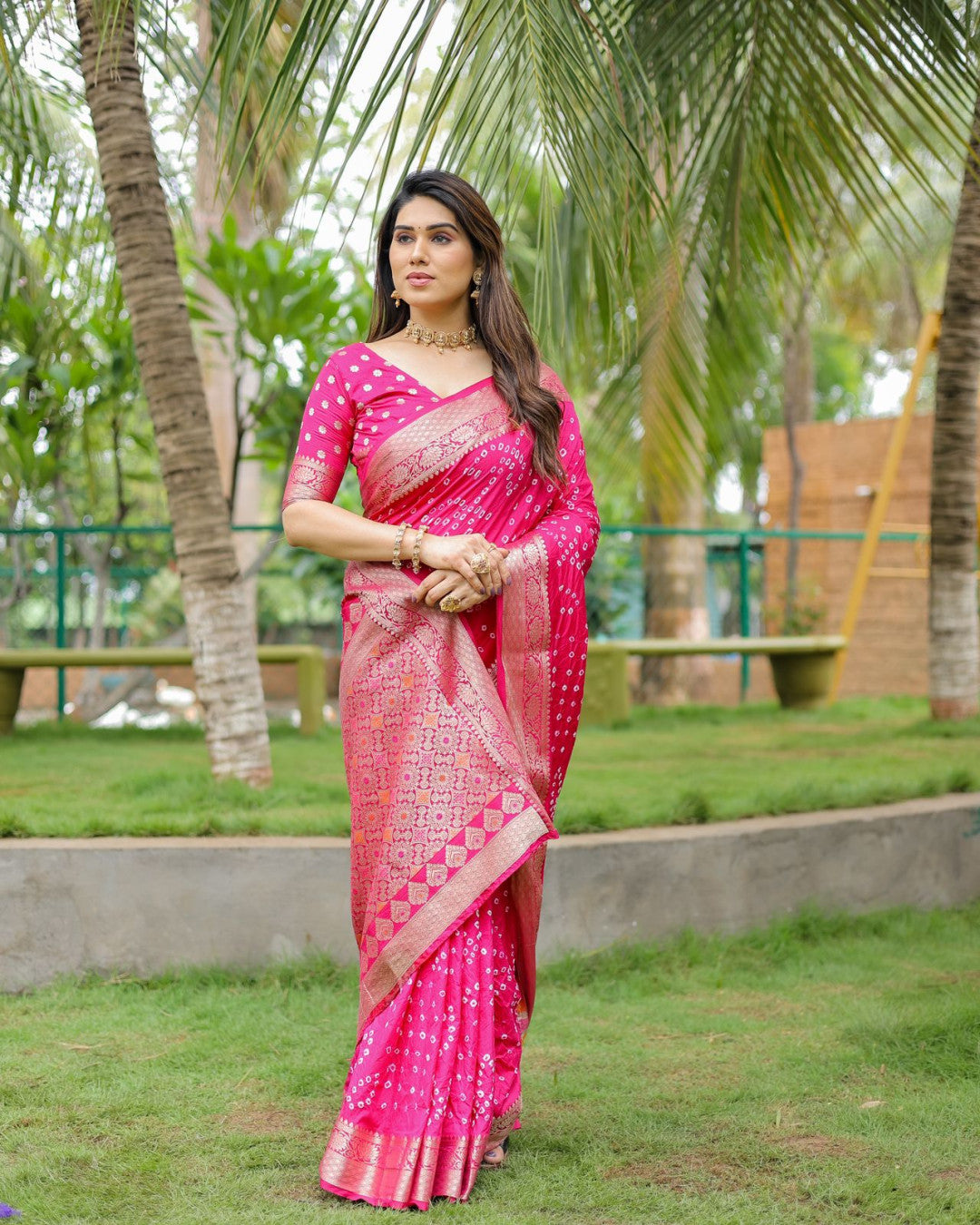 Pink Color Hand Bandhej Silk Saree With Zari Weaving Work
