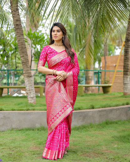 Pink Color Hand Bandhej Silk Saree With Zari Weaving Work