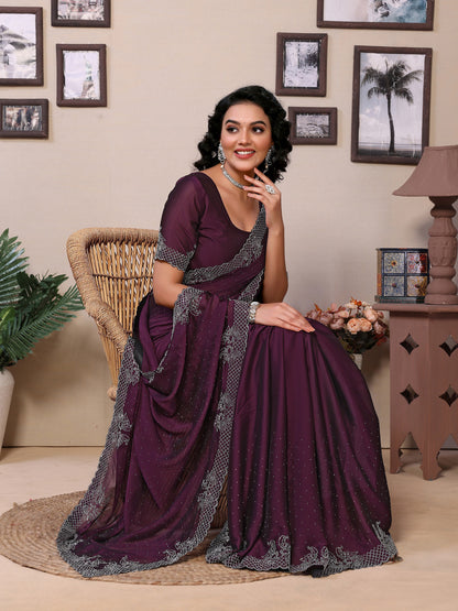 Fancy Wine Rangoli Silk Saree With Diamond Work
