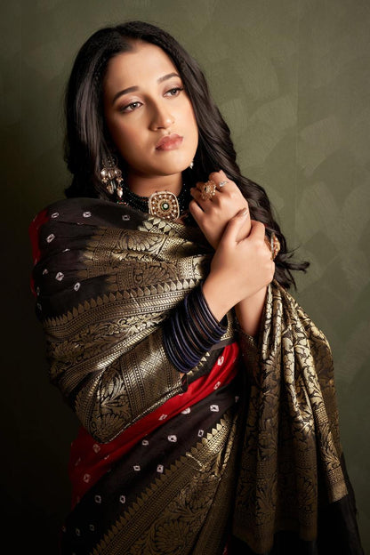 Hand Bandhej Bandhani Saree With Zari Border