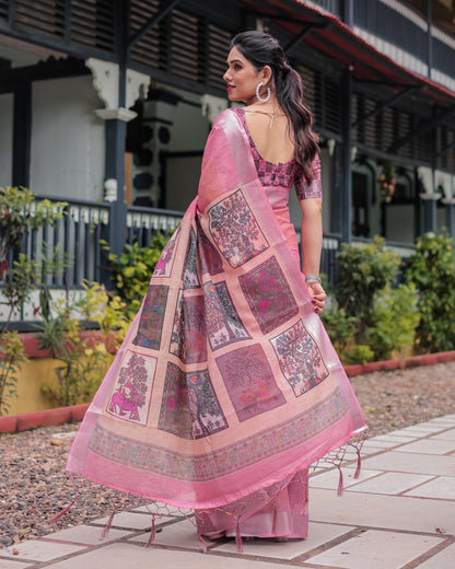 Baby Pink Soft Linen Cotton Saree With Digital Printed Work