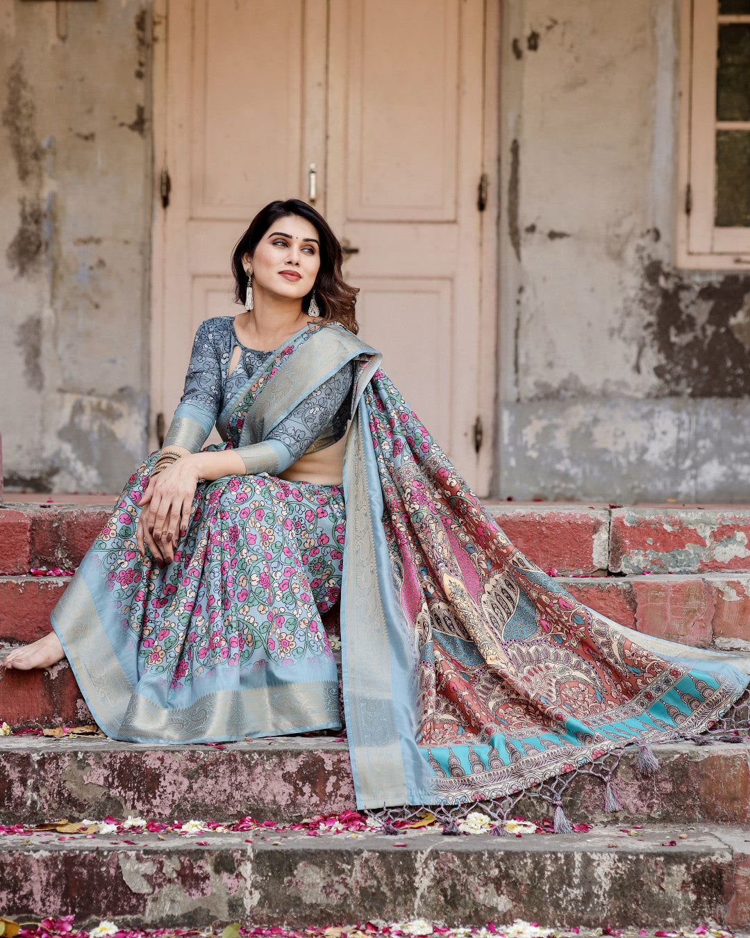 Multi Kalamkari Digital Printed Dola Silk Saree With Gold Zari Border