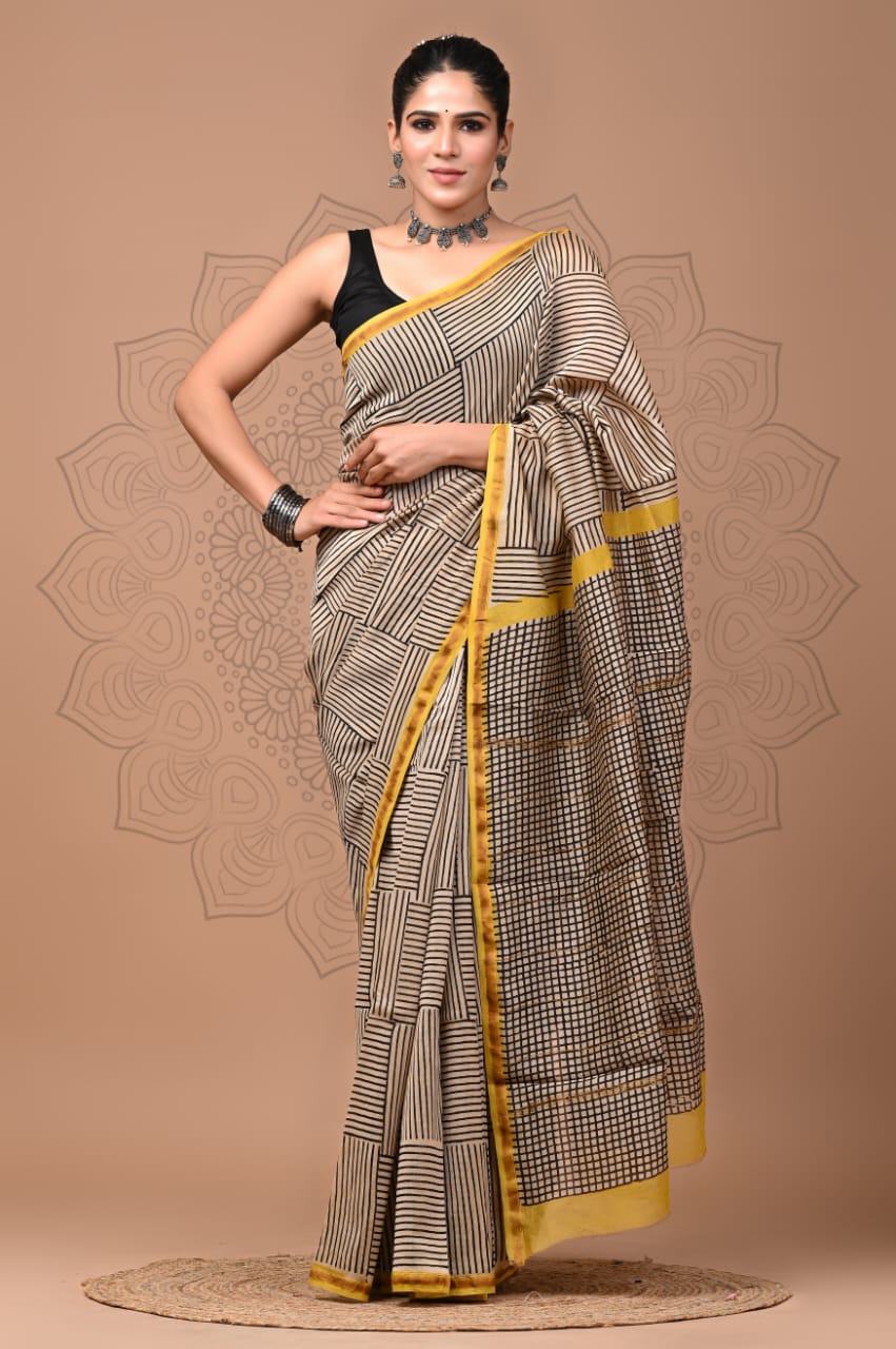 Off White Colour Pure Chanderi Silk Saree With Bagru Handblock Printed Work