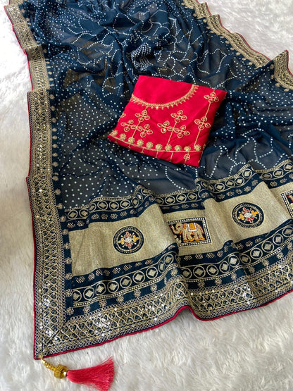 Navy Blue Vichitra Silk Saree With Khadi Bandhej Heavy Pallu With Hotpcs C Pallu Work