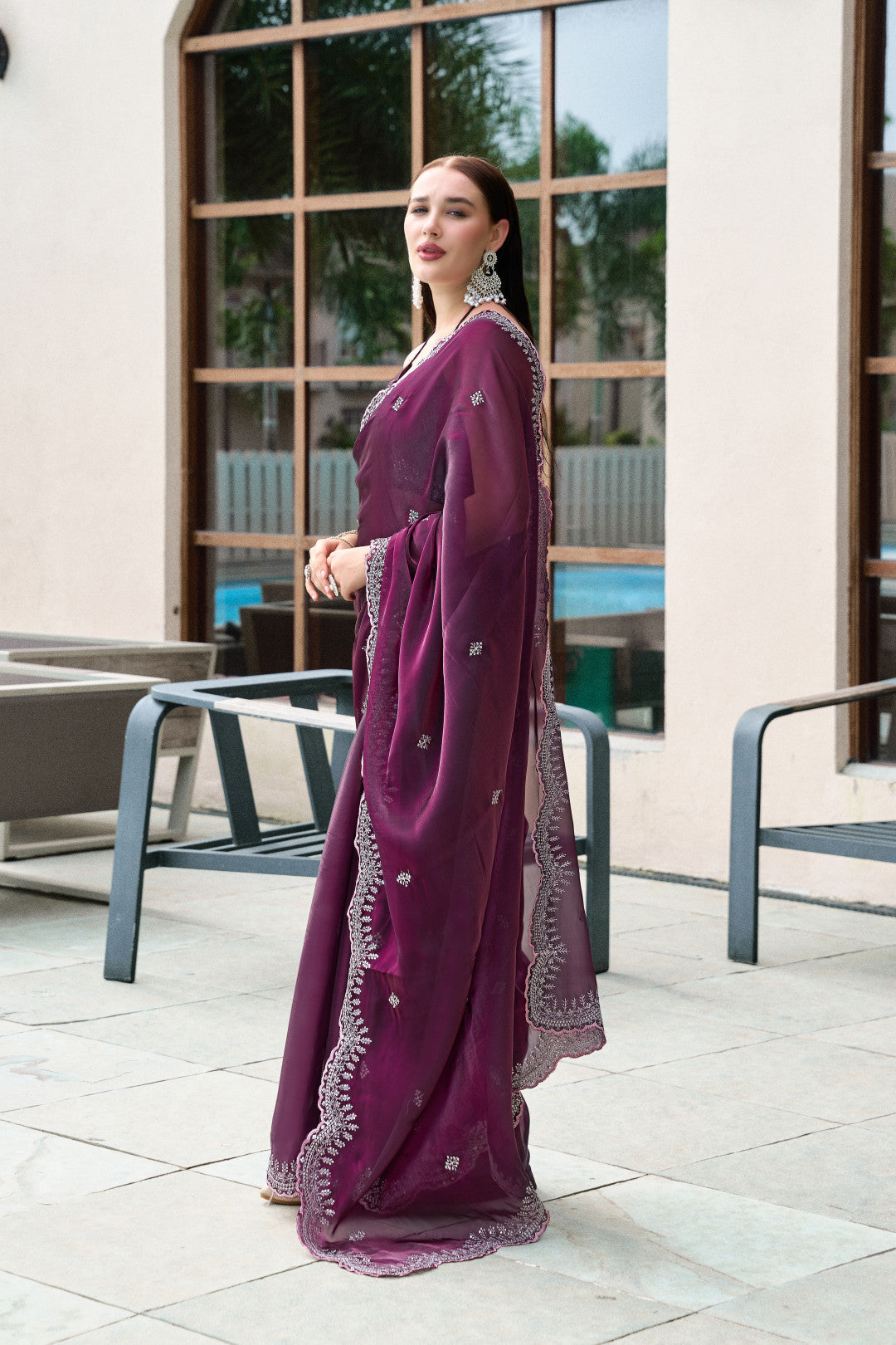 Wine Fancy Shimmer Chiffon Saree With Embroidery Work