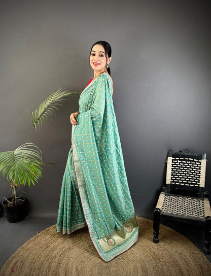 Sea Green Traditional Blooming Vichitra Khadi Bandhej Silk Saree With Sequence Work
