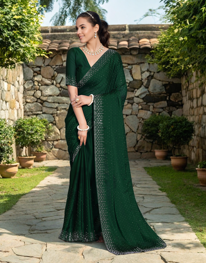 Fancy Dark Green Rangoli Silk Saree With Diamond Work