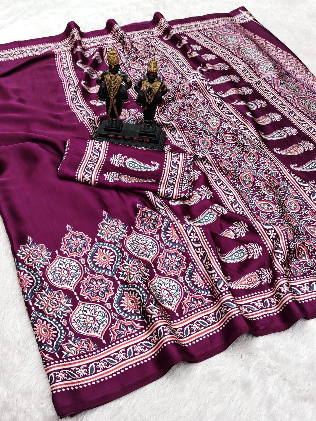 Magenta Fancy Ajrakh Printed Crepe Silk Saree