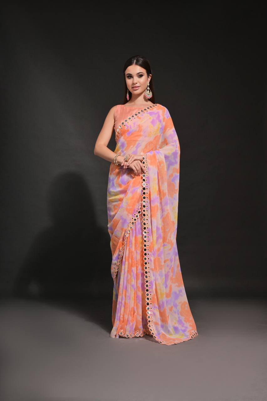 Orange Fancy Chiffon Silk Saree With Prizam Printed Work And Foil Mirror Work Border
