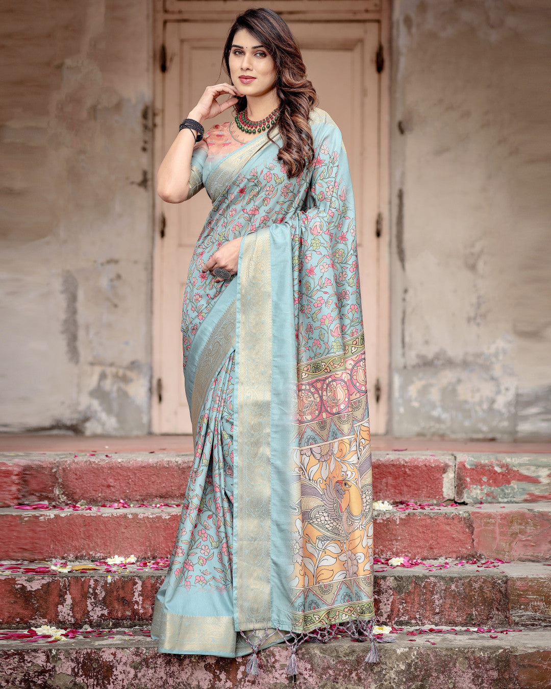 Sky Blue Kalamkari Digital Printed Dola Silk Saree With Gold Zari Border